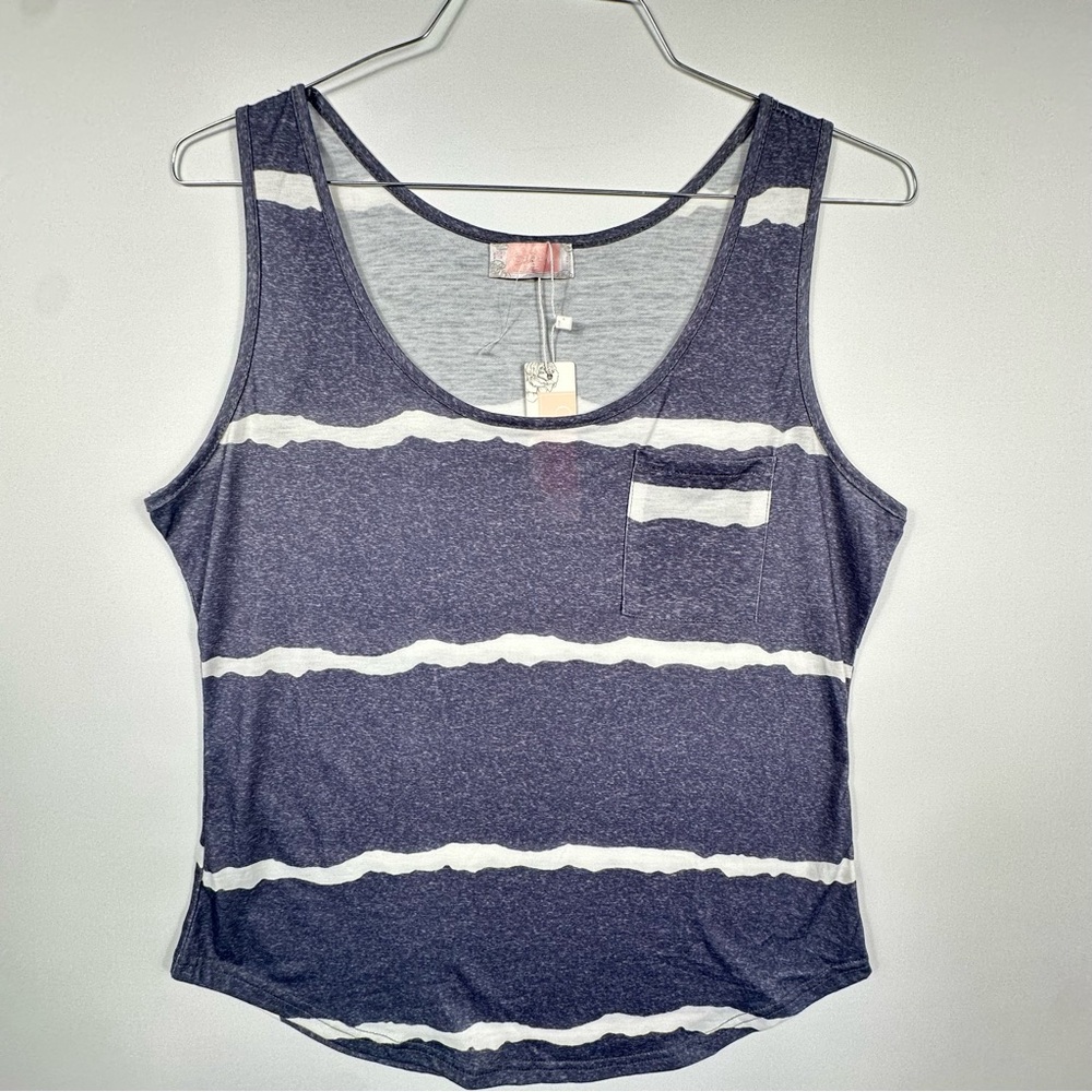 Navy and White Striped Women's Tank Top With Front Pocket Size Small